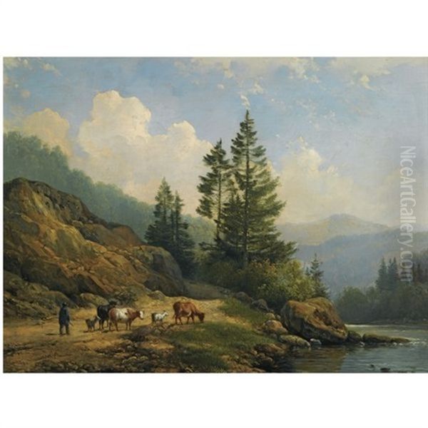 A Herd With Cattle In A Mountainous Landscape Oil Painting by Hendrik van de Sande Bakhuyzen