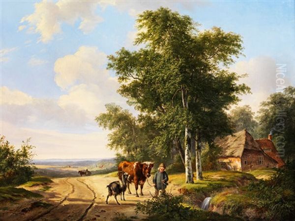 Kleiner Hirtenknabe Mit Kuh Und Einer Ziege An Einem Wasserlauf Oil Painting by Hendrik van de Sande Bakhuyzen