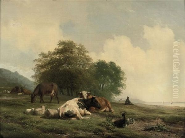 Cattle Resting On The River Bank Oil Painting by Hendrik van de Sande Bakhuyzen