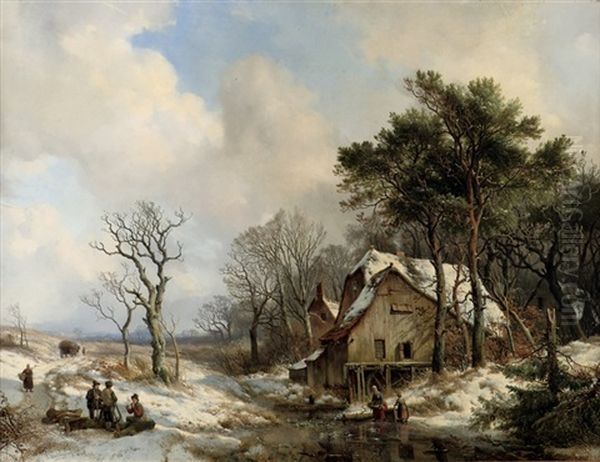 Figures On A Frozen Stream On The Outskirts Of A Village Oil Painting by Hendrik van de Sande Bakhuyzen