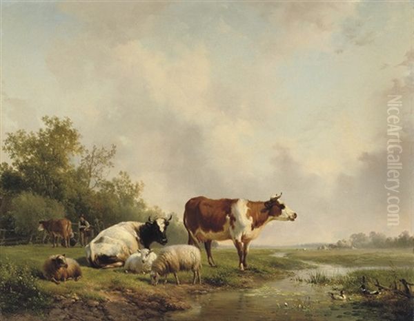 Resting Cattle In A Meadow Oil Painting by Hendrik van de Sande Bakhuyzen