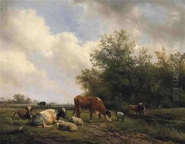 Weite Hollandische Weidelandschaft Mit Lagernden Kuhen Und Schafen Oil Painting by Hendrik van de Sande Bakhuyzen