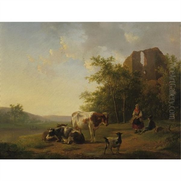 Shepherds And Cattle Resting By A Stream Oil Painting by Hendrik van de Sande Bakhuyzen