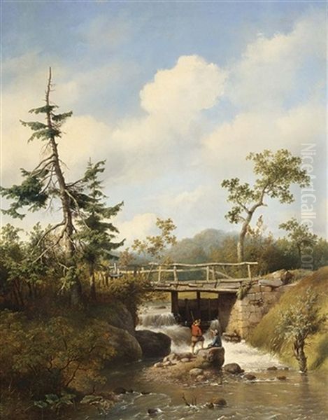 A Forest View With Figures By A Stream Oil Painting by Hendrik van de Sande Bakhuyzen