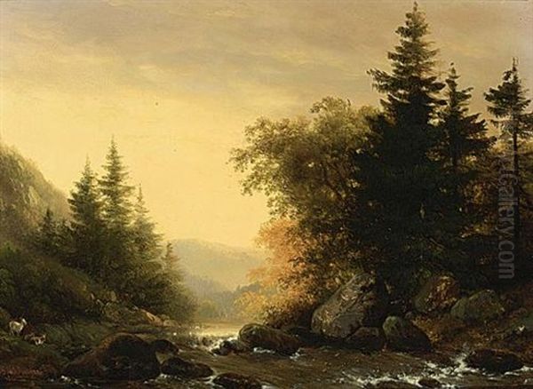 A Mountainous Landscape Oil Painting by Hendrik van de Sande Bakhuyzen