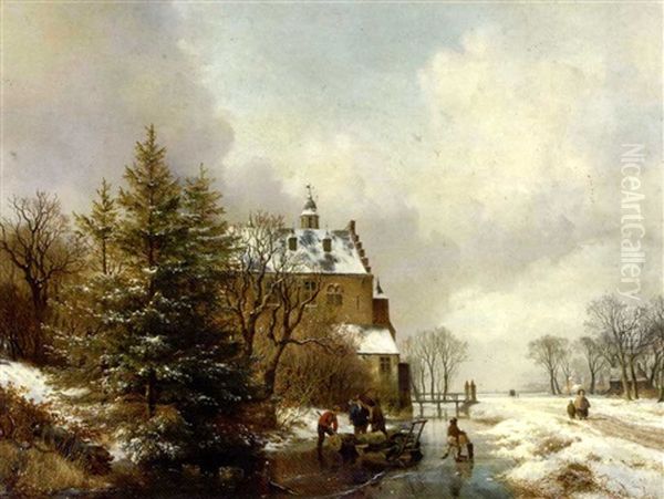 Gathering Timber On The Ice By A Country House Oil Painting by Hendrik van de Sande Bakhuyzen