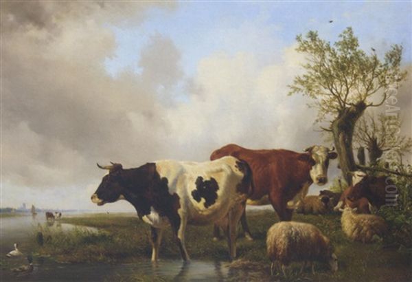 Een Hollandsch Landschap Met Vee Aan Een Water: Cattle By The Waterside Oil Painting by Hendrik van de Sande Bakhuyzen