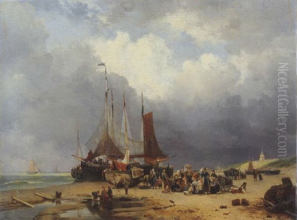 Sorting The Catch On The Beach Of Scheveningen Oil Painting by Hendrik van de Sande Bakhuyzen