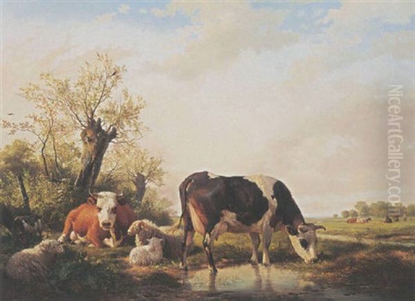 Cows, Sheep And A Goat In A Meadow Oil Painting by Hendrik van de Sande Bakhuyzen