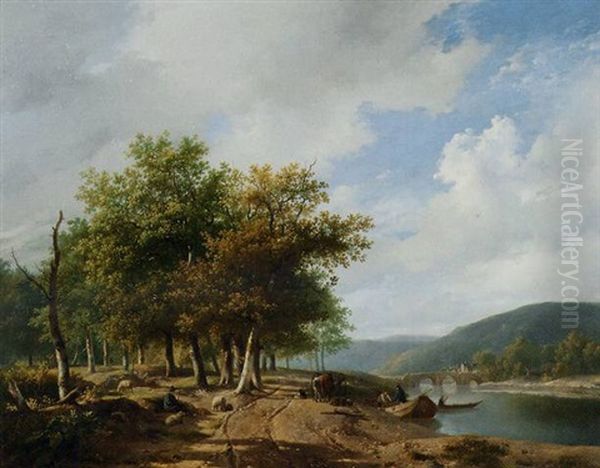 Daily Activities Along A River In A Hilly Landscape Oil Painting by Hendrik van de Sande Bakhuyzen