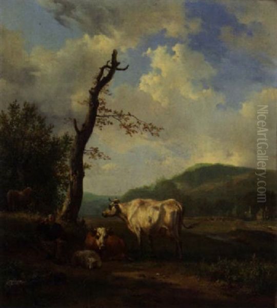 A Hilly Landscape With A Shepherd And His Flock Resting By A Tree Oil Painting by Hendrik van de Sande Bakhuyzen