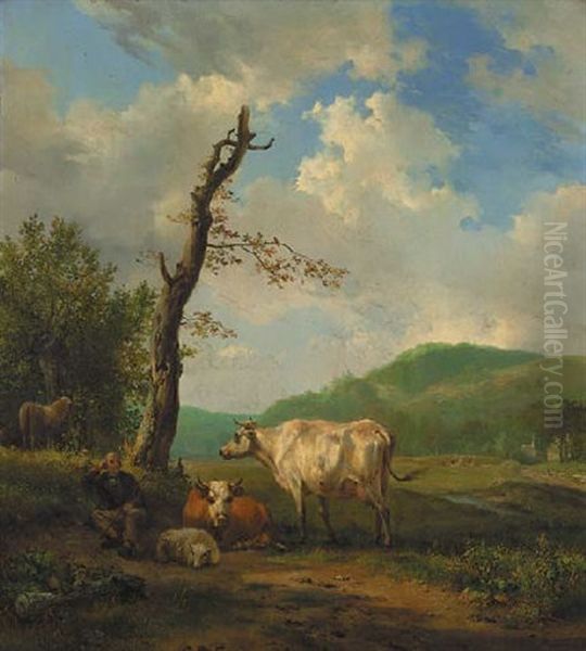 A Hilly Landscape With A Shepherd And His Flock Resting By A Tree Oil Painting by Hendrik van de Sande Bakhuyzen