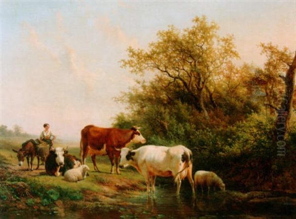 A Summer Landscape With A Peasantwoman And Cattle By A Stream Oil Painting by Hendrik van de Sande Bakhuyzen