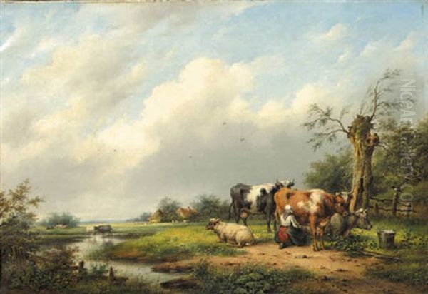 Milking Time Oil Painting by Hendrik van de Sande Bakhuyzen