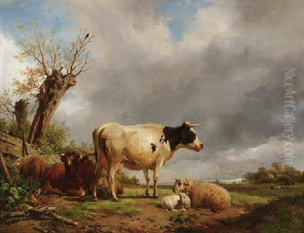 Kuhe Und Schafe In Hollandischer Polderlandschaft Oil Painting by Hendrik van de Sande Bakhuyzen