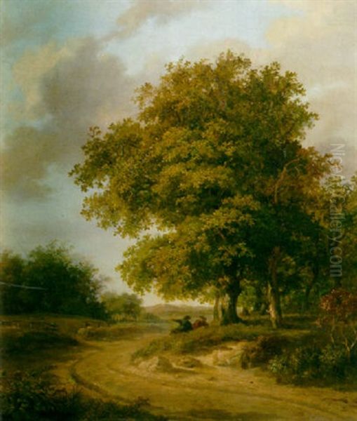 Travellers Resting In The Shadow Of A Big Tree Oil Painting by Hendrik van de Sande Bakhuyzen