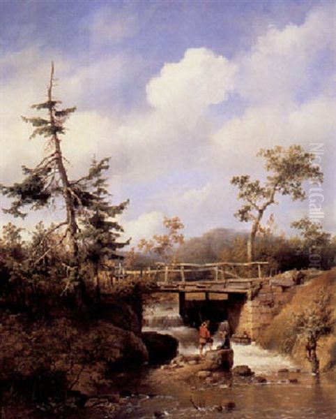 A Hilly Landscape With Two Figures On A Rock By A Bridge Oil Painting by Hendrik van de Sande Bakhuyzen