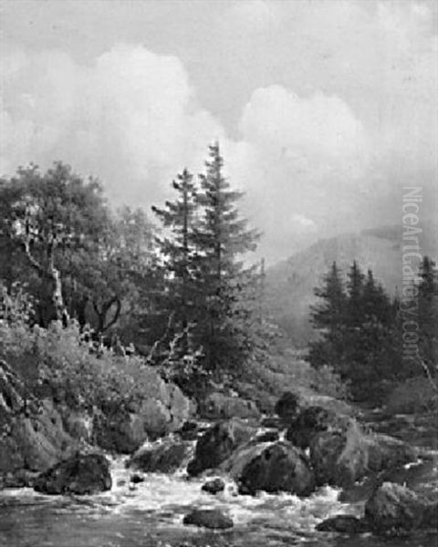 A Torrent In A Wooded Valley Oil Painting by Hendrik van de Sande Bakhuyzen