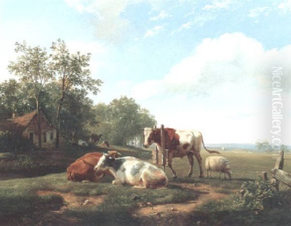 A Collared Bull And Cattle In A Wooded Landscape Oil Painting by Hendrik van de Sande Bakhuyzen