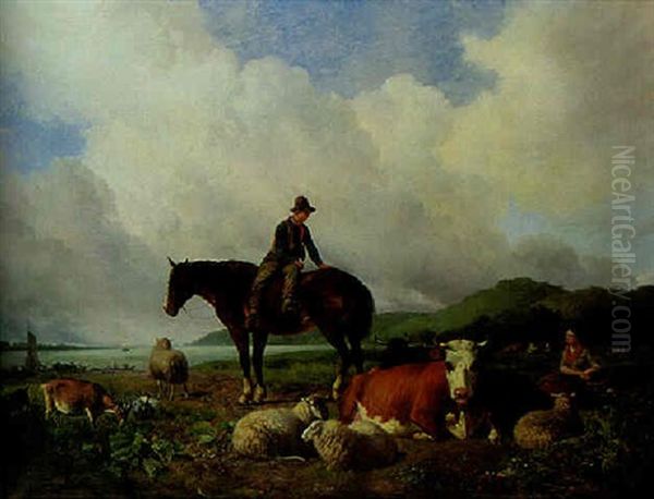 Countryfolk With Cows And Sheep By An Estuary Oil Painting by Hendrik van de Sande Bakhuyzen