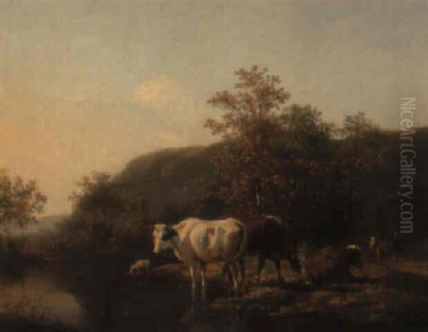 Cows By A Stream Oil Painting by Hendrik van de Sande Bakhuyzen