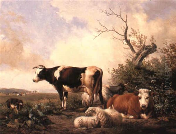 Cattle And Sheep In A Landscape Oil Painting by Hendrik van de Sande Bakhuyzen