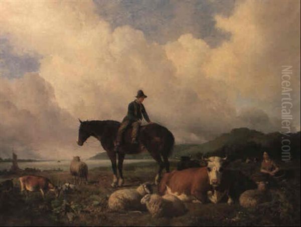 Country Folk With Cows And Sheep By An Estuary Oil Painting by Hendrik van de Sande Bakhuyzen