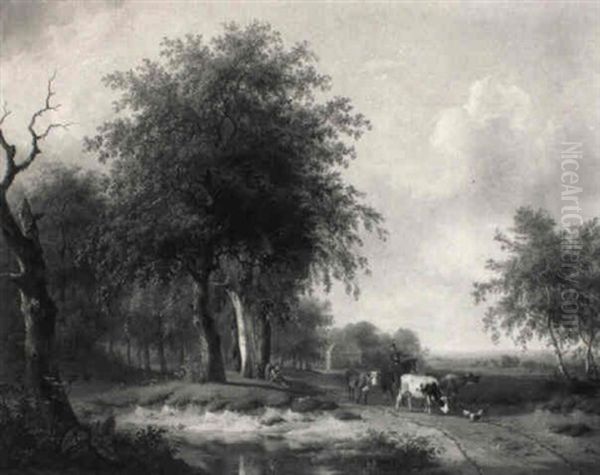 A Wooded Landscape With A Horseman Conversing With A Herdsman Oil Painting by Hendrik van de Sande Bakhuyzen