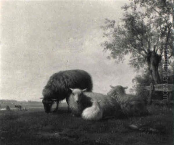 Sheep In A Wooded Meadow Oil Painting by Hendrik van de Sande Bakhuyzen