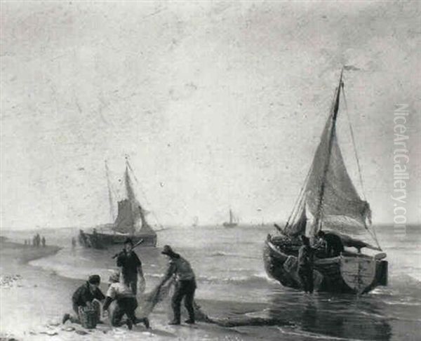 Fishermen Unloading The Catch Oil Painting by Hendrik van de Sande Bakhuyzen