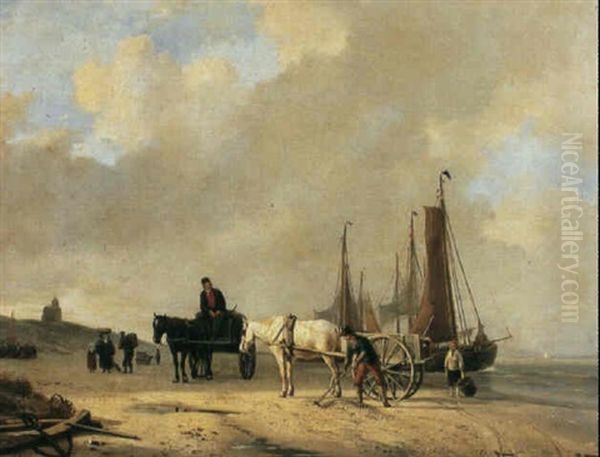 Shell Fishers On The Beach Near Scheveningen Oil Painting by Hendrik van de Sande Bakhuyzen