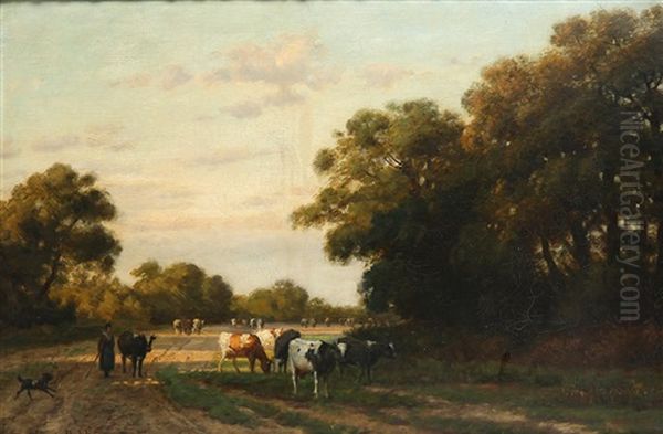 Heading Home From The Fields Oil Painting by Julius Jacobus Van De Sande Bakhuyzen