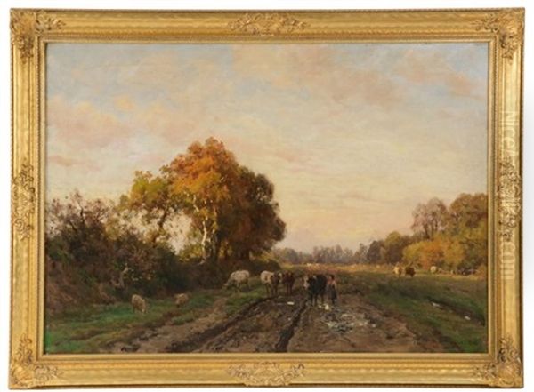 Pastoral Scene With Woman Driving Cows Home Down A Lane Oil Painting by Julius Jacobus Van De Sande Bakhuyzen