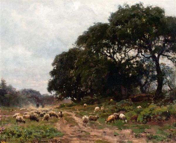 Heidelandschap Met Herder En Schaapskudde Oil Painting by Julius Jacobus Van De Sande Bakhuyzen