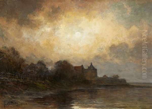 Coastal Landscape In The Moonlight Oil Painting by Julius Jacobus Van De Sande Bakhuyzen