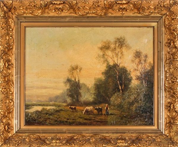 Landscape With Figure And Cattle Oil Painting by Julius Jacobus Van De Sande Bakhuyzen