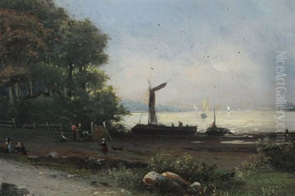 Waterside Oil Painting by Julius Jacobus Van De Sande Bakhuyzen