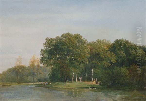 Wooded Waterside With Elegant Party Oil Painting by Julius Jacobus Van De Sande Bakhuyzen