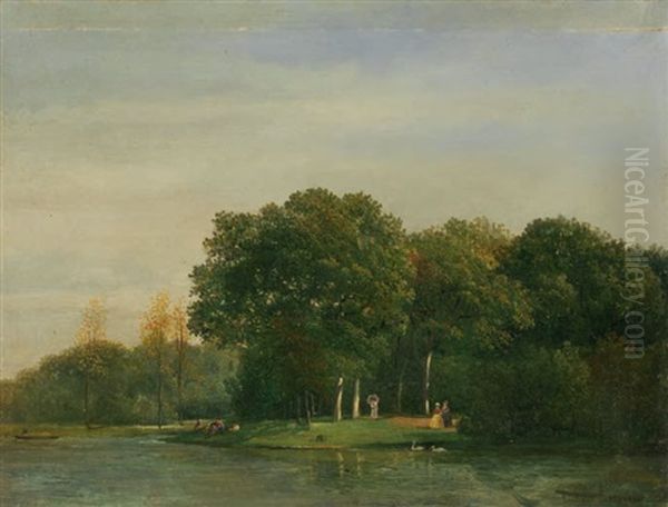 Bewaldetes Ufer Oil Painting by Julius Jacobus Van De Sande Bakhuyzen