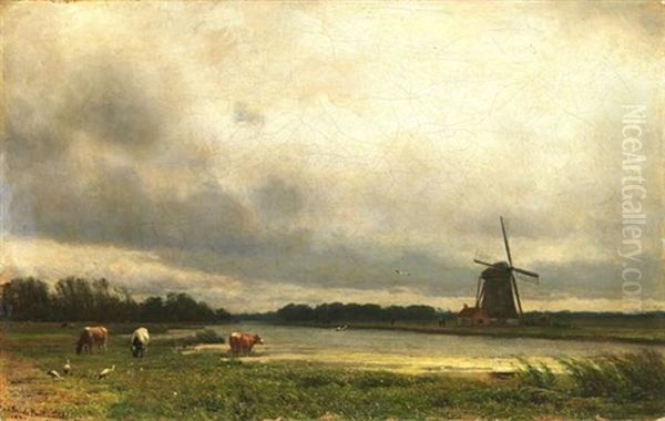 Hollandische Landschaft Oil Painting by Julius Jacobus Van De Sande Bakhuyzen