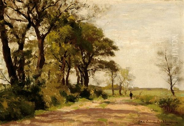 Strolling Figures On A Country Road Lined With Trees Oil Painting by Julius Jacobus Van De Sande Bakhuyzen