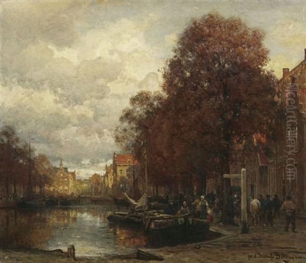 Gracht In Delft (?) Oil Painting by Julius Jacobus Van De Sande Bakhuyzen