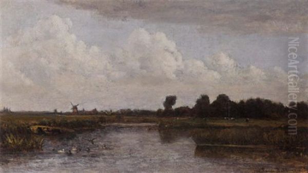 A Landscape With Ducks In A Pond Oil Painting by Julius Jacobus Van De Sande Bakhuyzen