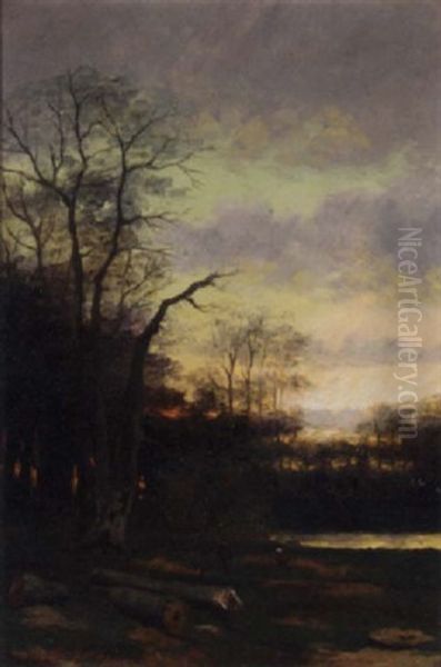 A Forest Landscape At Dusk Oil Painting by Julius Jacobus Van De Sande Bakhuyzen