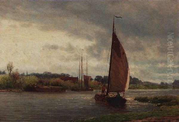 Ships In A Canal Oil Painting by Julius Jacobus Van De Sande Bakhuyzen