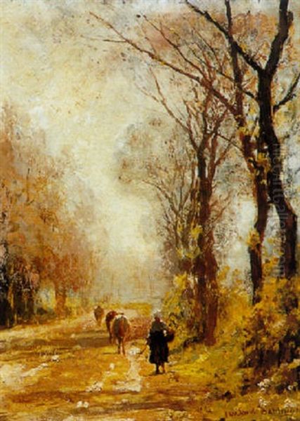 A Little Herd With Cattle On A Path Oil Painting by Julius Jacobus Van De Sande Bakhuyzen