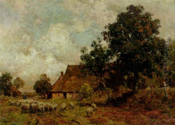 A Summer Landscape With A Shepherd And A Flock Passing A Cottage Oil Painting by Julius Jacobus Van De Sande Bakhuyzen