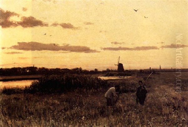 Workers In The Field Oil Painting by Julius Jacobus Van De Sande Bakhuyzen