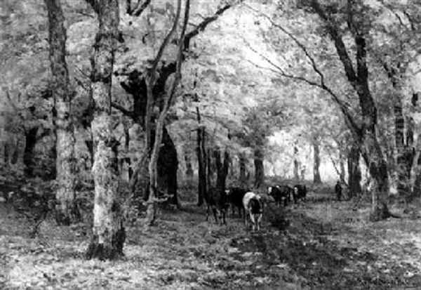 Cows On A Forest Path Oil Painting by Julius Jacobus Van De Sande Bakhuyzen