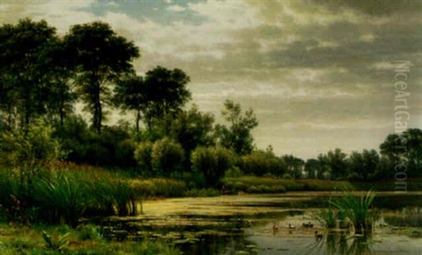 A Day's Boat Ride Through The Marsh Oil Painting by Julius Jacobus Van De Sande Bakhuyzen